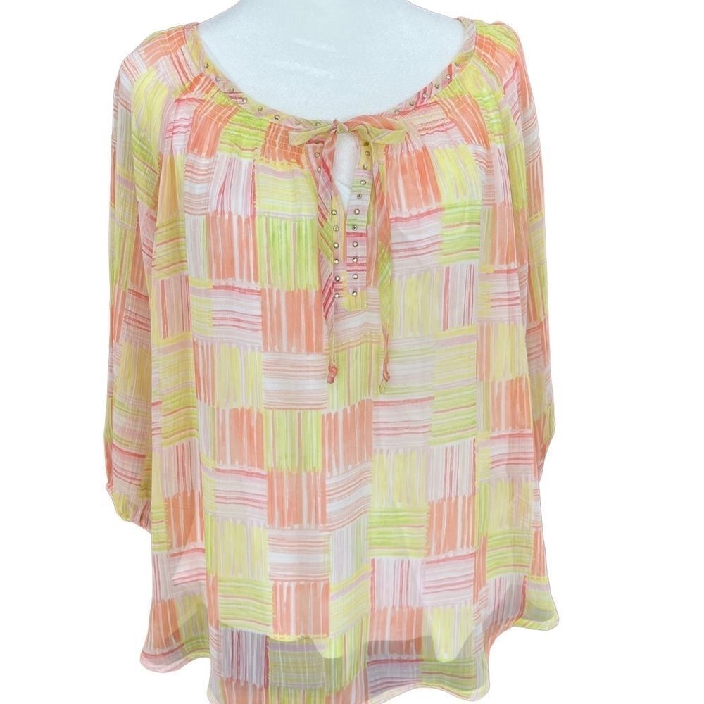 Hearts of Palm Petite plaid blouse with tie front, attached tank under, size PL